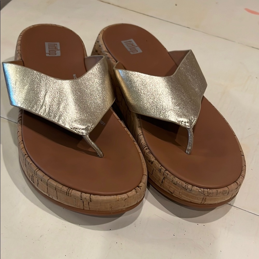 FitFlop F-Mode Metallic Gold Leather Women's Sandals size 6